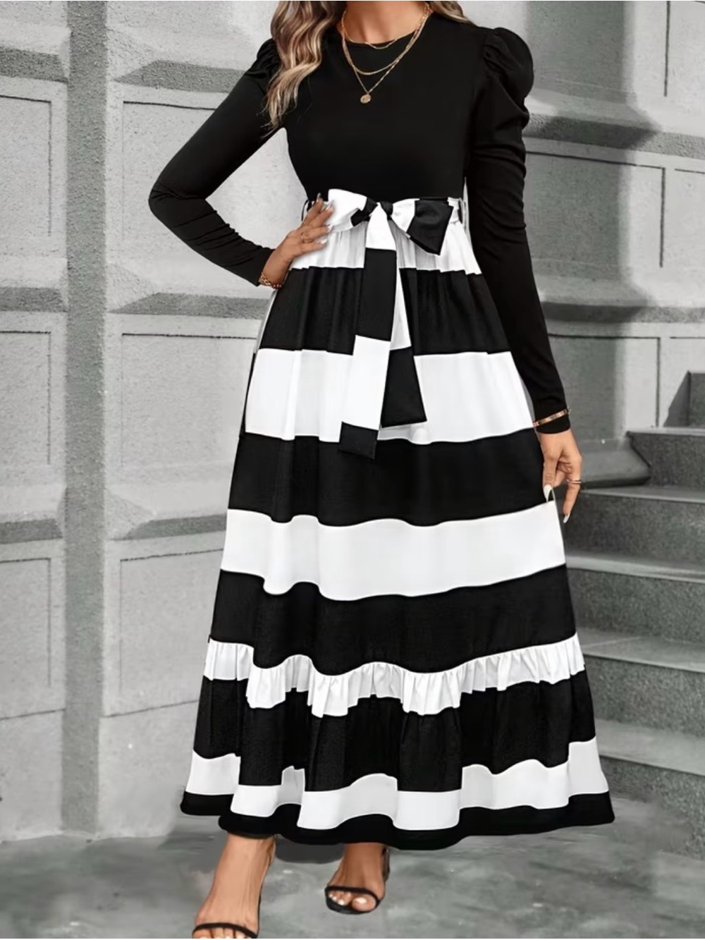Black and White Striped Maxi Dress with Waist Bow